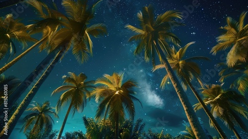 Array of palm trees  wide - angle  set against starry night sky  ethereal glow  subtle lighting on the trees realistic