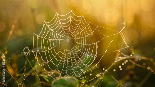 Dew-kissed Spider Web Illuminated by Morning Sunlight in a Lush Meadow