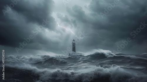 Dramatic, stormy seas clash against a solitary lighthouse under ominous clouds