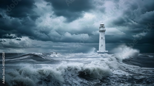 Dramatic, stormy seas clash against a solitary lighthouse under ominous clouds