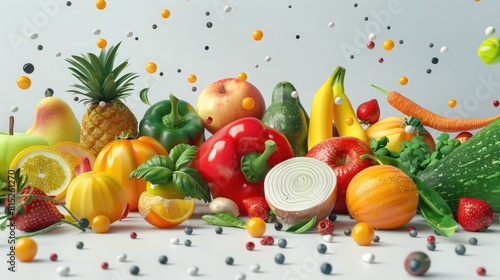 Assorted fresh ripe fruits and vegetables. Food concept background. realistic
