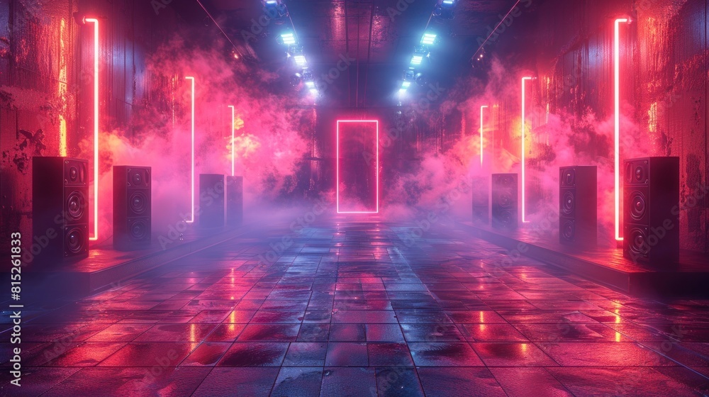 3D rendering room with sound Speakers and glowing neon lights 3D rendering room with sound Speakers and glowing neon lights