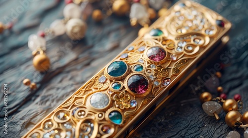 Luxury USB stick adorned with precious gems and intricate metalwork on a textured surface © Vilayat
