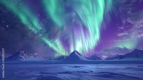Aurora Borealis, high dynamic range, vibrant emerald and violet arches, barren tundra foreground realistic