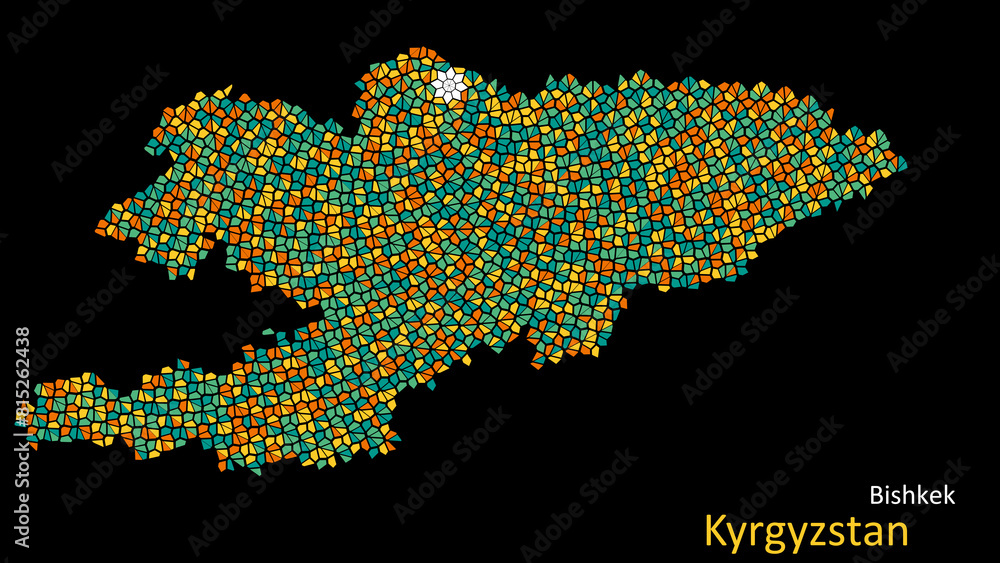 Obraz premium A map of Kyrgyzstan is presented as a mosaic with a dark background, and the country's borders are outlined in the shape of a colorful mosaic, centered around the capital city.