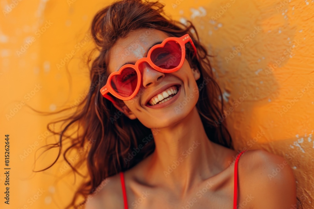 Long-haired girl with heart-shaped glasses smiling Long-haired girl with heart-shaped glasses smiling