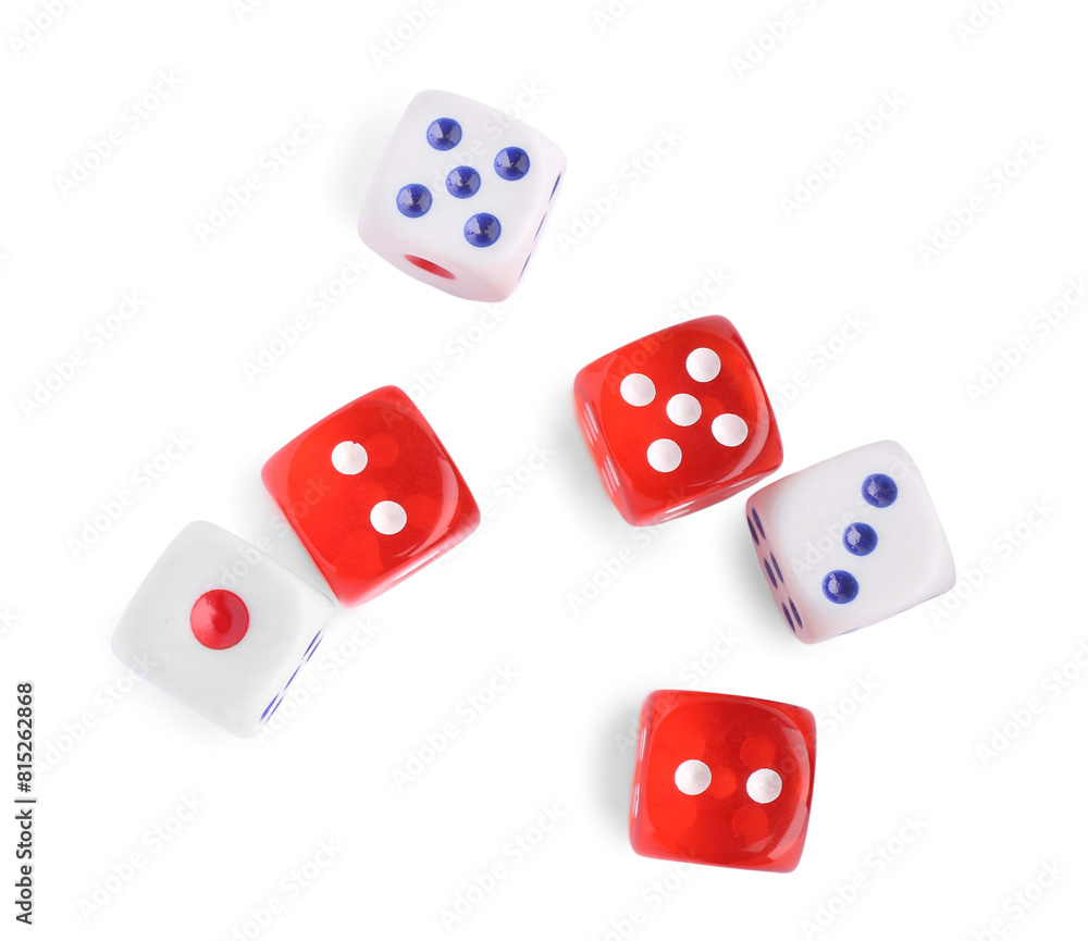 Many color game dices isolated on white, top view Many color game dices isolated on white, top view