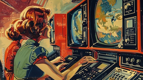 Retro style artwork of a woman using advanced computer equipment in a vibrant setting