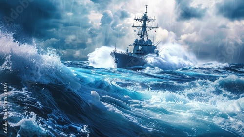 Military ship sailing on big wave water, suitable for military or travel concept