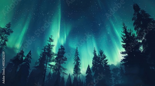 Aurora Borealis over Finnish Lapland, vivid blues and greens, silhouettes of tall pine trees in foreground realistic