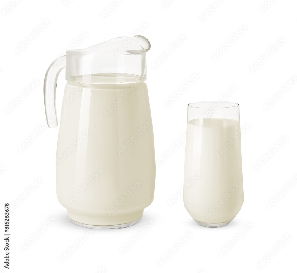 Glass and jug with milk isolated on white Glass and jug with milk isolated on white