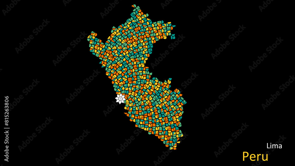 Obraz premium A map of Peru is presented as a mosaic with a dark background, and the country's borders are outlined in the shape of a colorful mosaic, centered around the capital city.