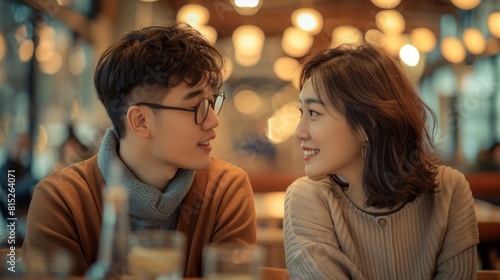 Portrait of lovely Asian couple having a conversation while looking at each other.