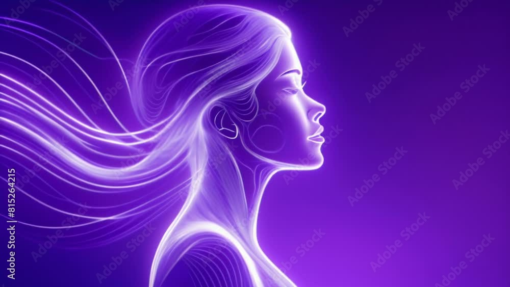 A glowing ethereal figure with flowing hair is depicted in a radiant purple light. The abstract and surreal design evokes a sense of mystery and otherworldliness. A glowing ethereal figure with flowing hair is depicted in a radiant purple light. The abstract and surreal design evokes a sense of mystery and otherworldliness.