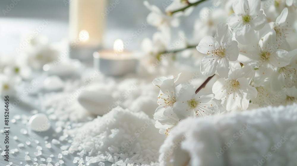 white towels next to lit candles with flowers and space for copy space, spa concept, work, relaxation, massage, happiness, healthy, harmonious, aroma, person white towels next to lit candles with flowers and space for copy space, spa concept, work, relaxation, massage, happiness, healthy, harmonious, aroma, person
