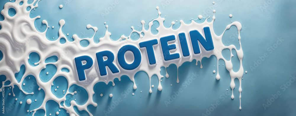 Fototapeta premium splattered milk splash, pouring white liquid flow with the text protein over blue clean isolated background as dairy product commercial banner design