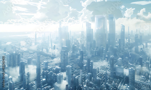 illustration of a futuristic city landscape with towering skyscrapers © AhmadTriwahyuutomo