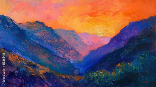 Vibrant sunset painting with expressive brushstrokes over rolling hills © Vilayat
