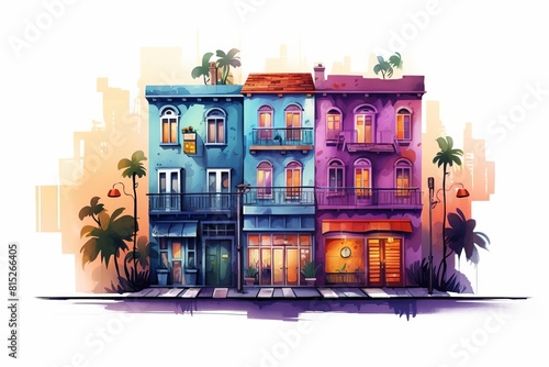 Tiny boutique hostels flat design front view traveler accommodations theme water color Tetradic color scheme