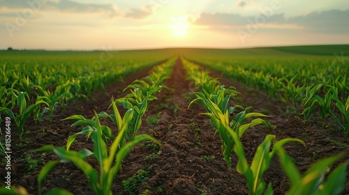 Rows of Vibrant Young Corn Shoots on Vast Agricultural Field