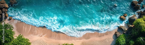Tropical Turquoise Seascape: A Panoramic Drone Shot of Summer Vacation Waves, Surf, and Ocean Water Texture from Above