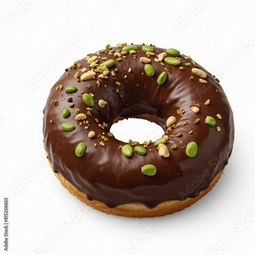 A delicious donut covered with chopped pistachios and chocolate sauce