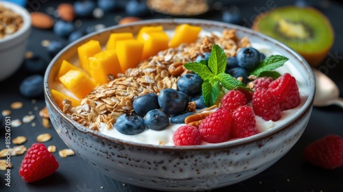 Healthy Breakfast Bowl with Yogurt  Kiwi  Mango  Blueberries  Raspberries  Granola  and Mixed Fruits and Nuts