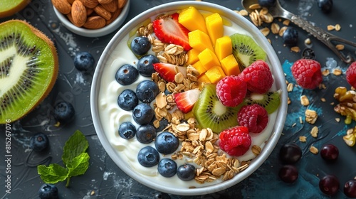 Healthy Breakfast Bowl with Yogurt, Kiwi, Mango, Blueberries, Raspberries, Granola, and Mixed Fruits and Nuts