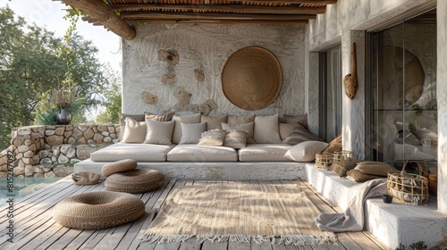 wellness retreat design, tranquil outdoor setting at a spa retreat offers cozy cushions and blankets to create a serene haven for guests to relax and unwind in nature photo
