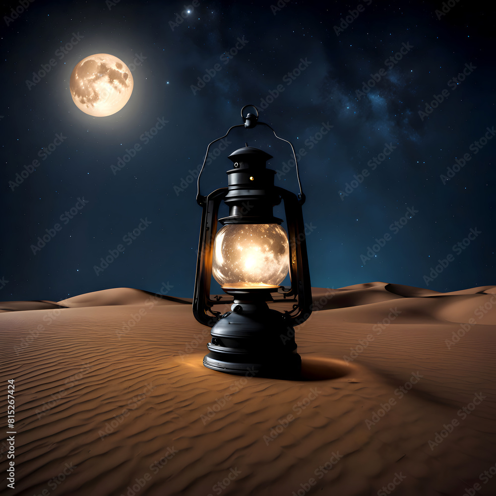 a lantern shining brightly on the desert in the night sky with a full moon and stars