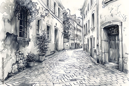 sketch of a charming cobbled street in a European city