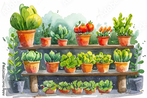 Artwork of urban vertical farming  space-efficient in watercolor  isolated background.