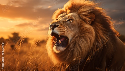 Majestic lion roaring powerfully, mane billowing in the wind, captured in the golden light of a sunset on the African savannah. © narak0rn