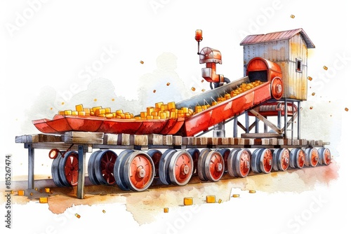 Automated sorting machinery in farming, watercolor style, isolated background.