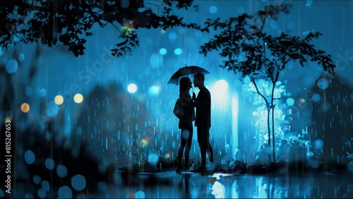 romantic couple in love under an umbrella, night scene with blue raindrops and glowing lights, fine rain, colorful hearts photo