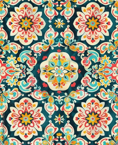 A vibrant and colorful pattern inspired by traditional Turkish tile designs, incorporating intricate floral motifs in an ornate style.