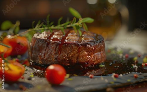 a steak with a red sauce and tomatoes on it