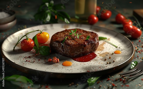 a steak with a red sauce and tomatoes on it