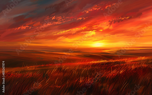 photo of the essence of a fiery sunset over a hilly plain