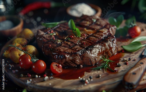 a steak with a red sauce and tomatoes on it