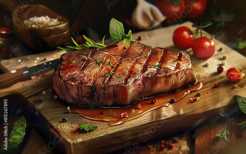 a steak with a red sauce and tomatoes on it