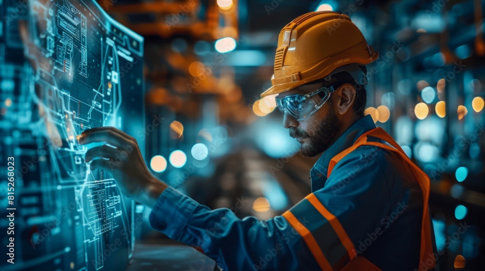 The engineer Using Digital Blueprint . Futuristic Engineering concept. The engineer Using Digital Blueprint . Futuristic Engineering concept.