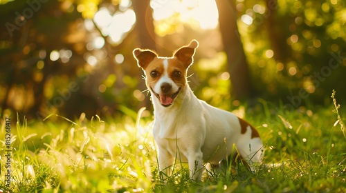 Full length portrait of happy dog in green park in Summer, copy space