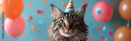 Festive Feline: Cat with Party Hat and Balloons for Happy Birthday, Carnival, New Year's Eve, Sylvester, or Other Celebrations with Funny Animals on Blue Background