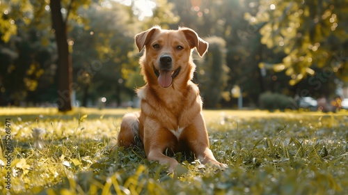 Full length portrait of happy dog in green park in Summer, copy space