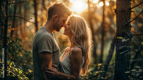 Fototapeta Naklejka Na Ścianę i Meble -  Young couple in love kissing and hugging in the forest at sunset.
