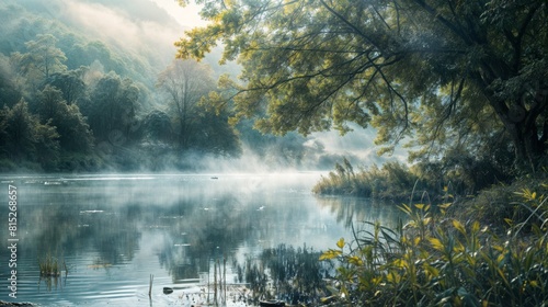 Landscape of foggy lake in the morning with trees and fog