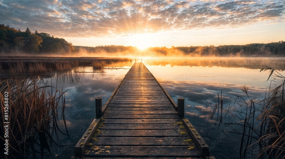 Fototapeta premium Wooden pier on a lake at sunrise in autumn, Poland.
