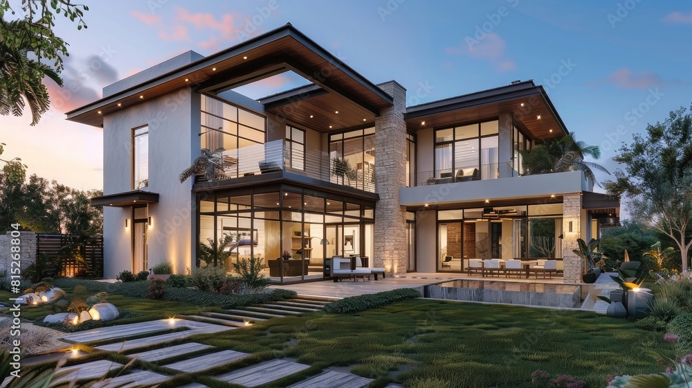 Beautiful modern style luxury home exterior at suns realistic
