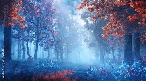 Beautiful mystical forest in blue fog n autumn realistic